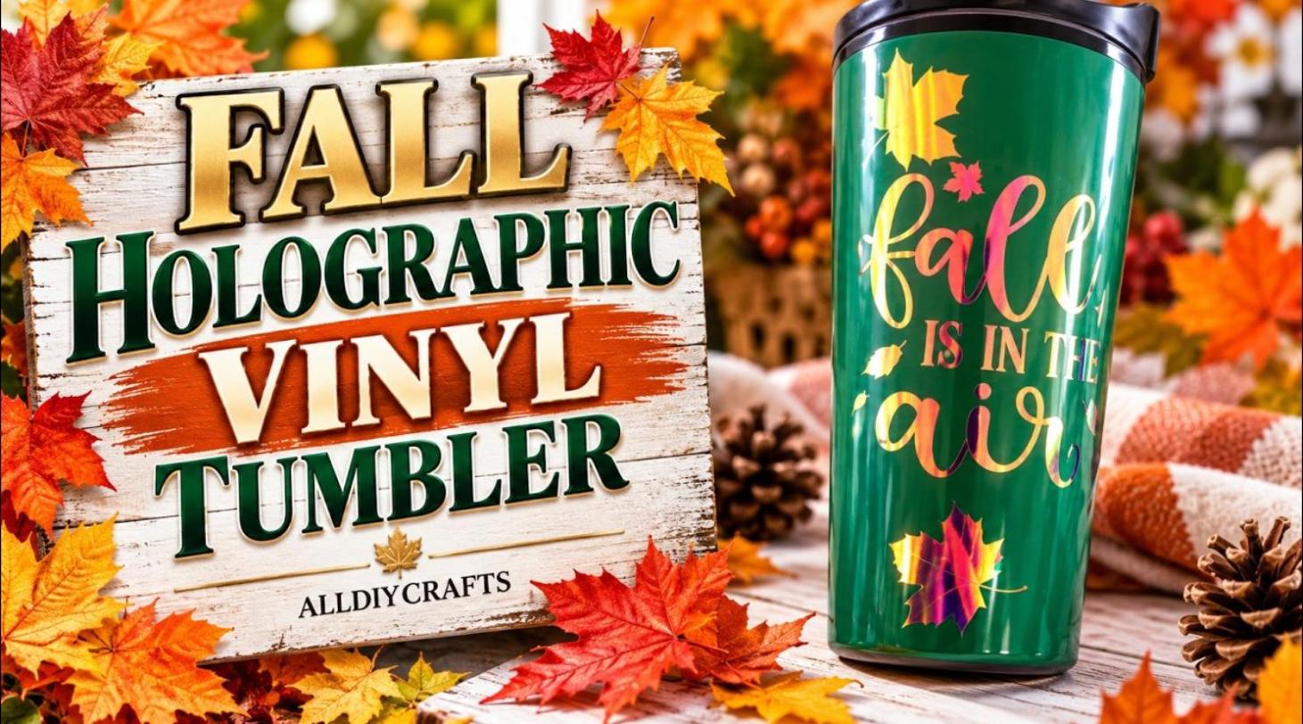 Easy fall tumbler with holographic vinyl leaves made with a Cricut