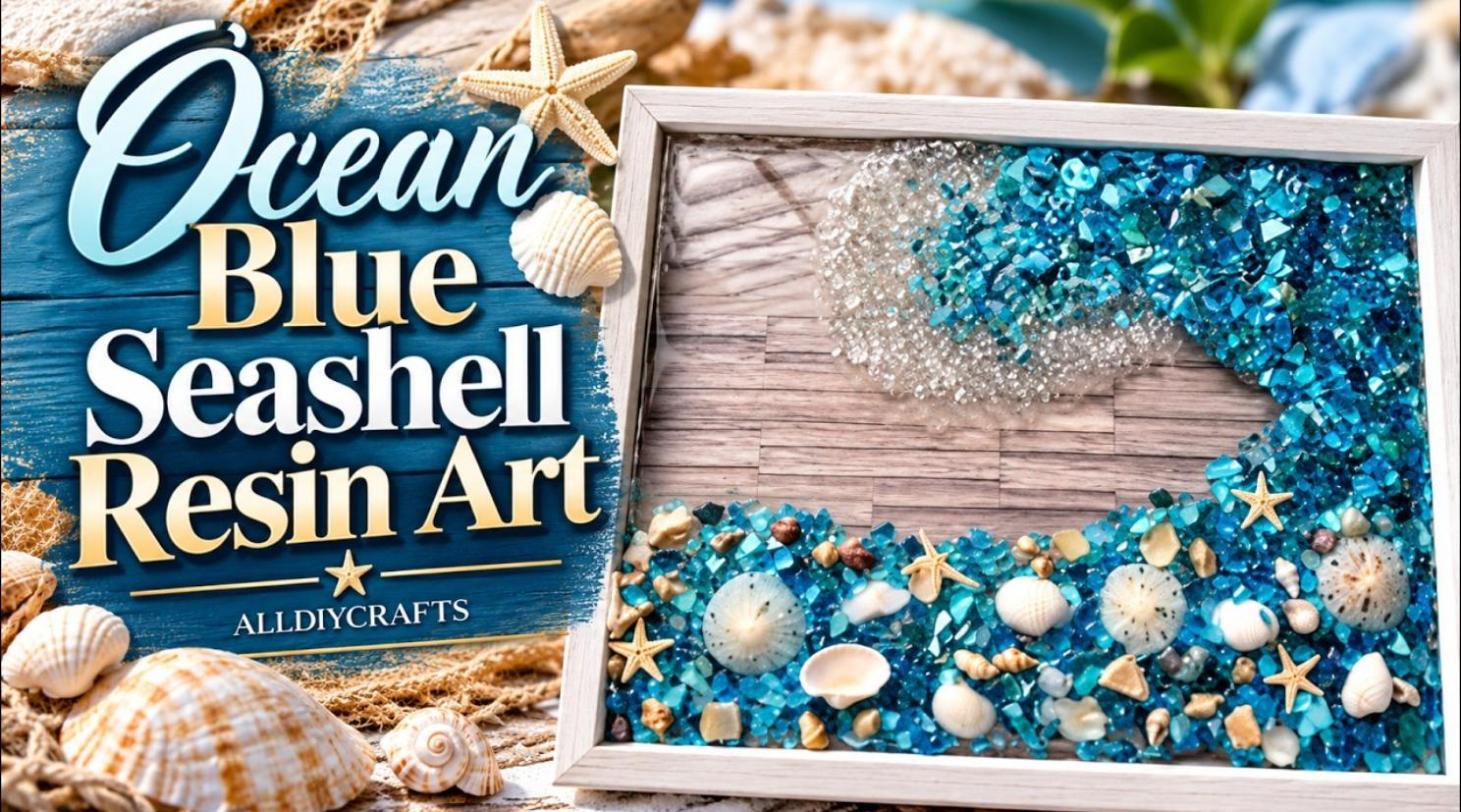 Ocean blue seashell and sea glass resin art picture frame