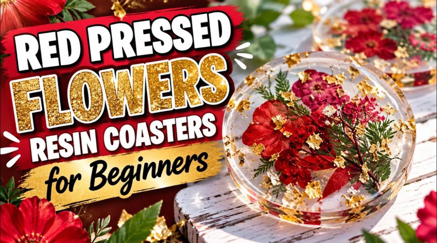 Red pressed flower resin coasters with gold flakes for beginners