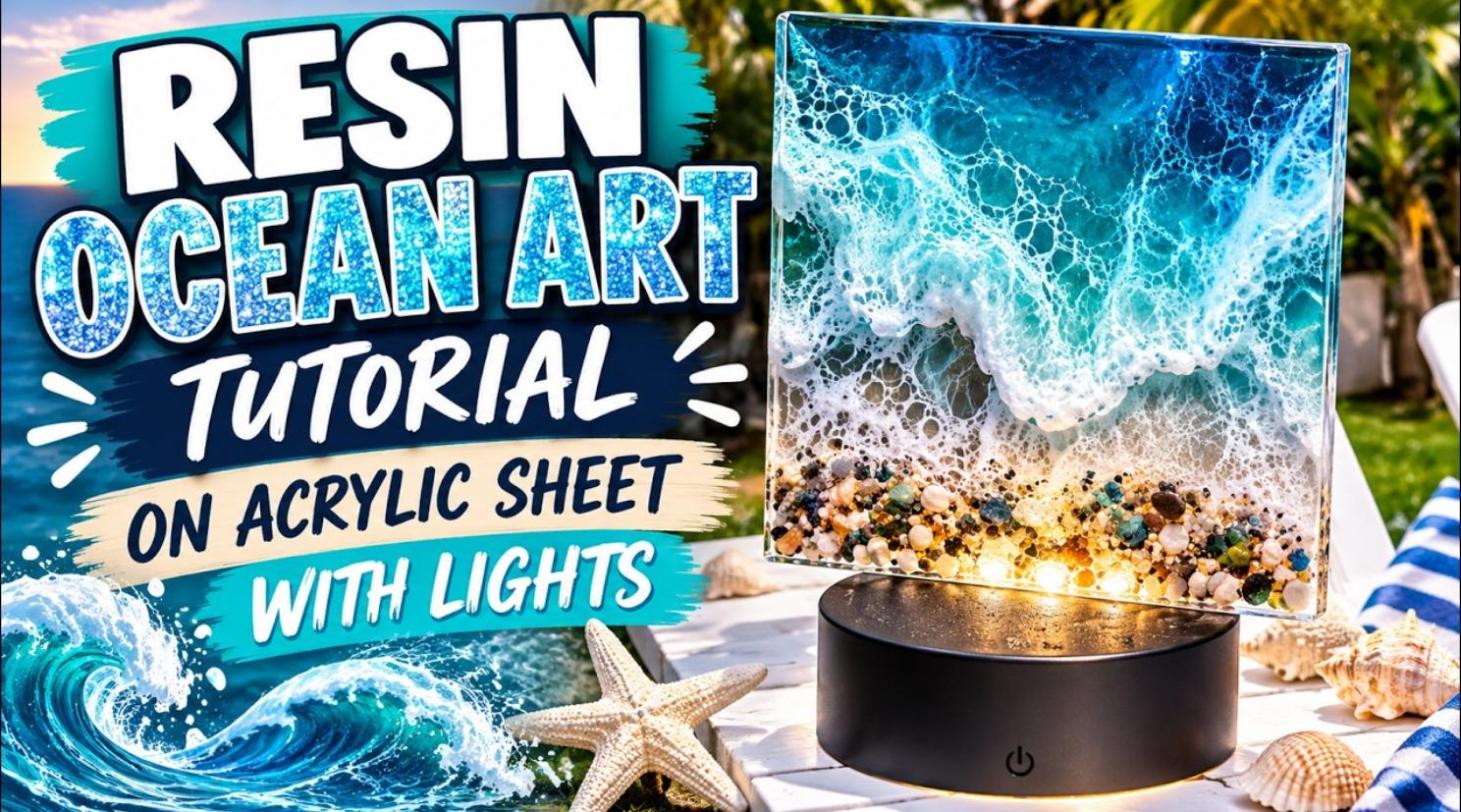 Resin ocean art beach scene on acrylic with lights