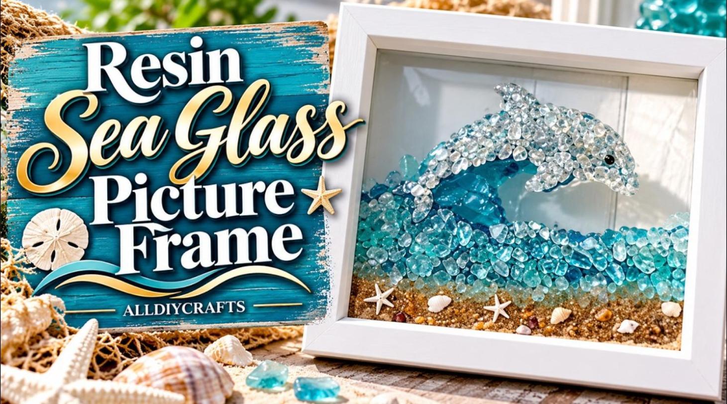 Sea glass resin dolphin art in a picture frame